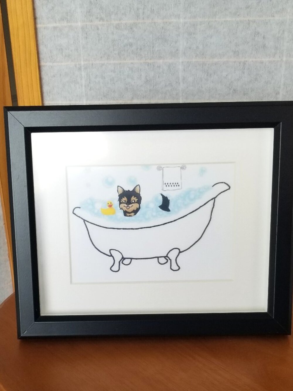 Framed Yorkie Bathtub Print Illustration Matted 9" x 11" Dog Lover Funny